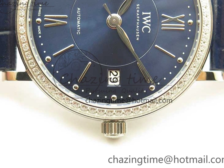 MIROTIME 0429 Portofino 37mm SS V7F 1:1 Best Edition Blue Dial Diamonds Bezel on Blue Leather Strap A Chic 7093